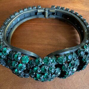 Vintage Cuff Bracelet Hinged Swarovsky Rhinestone Green